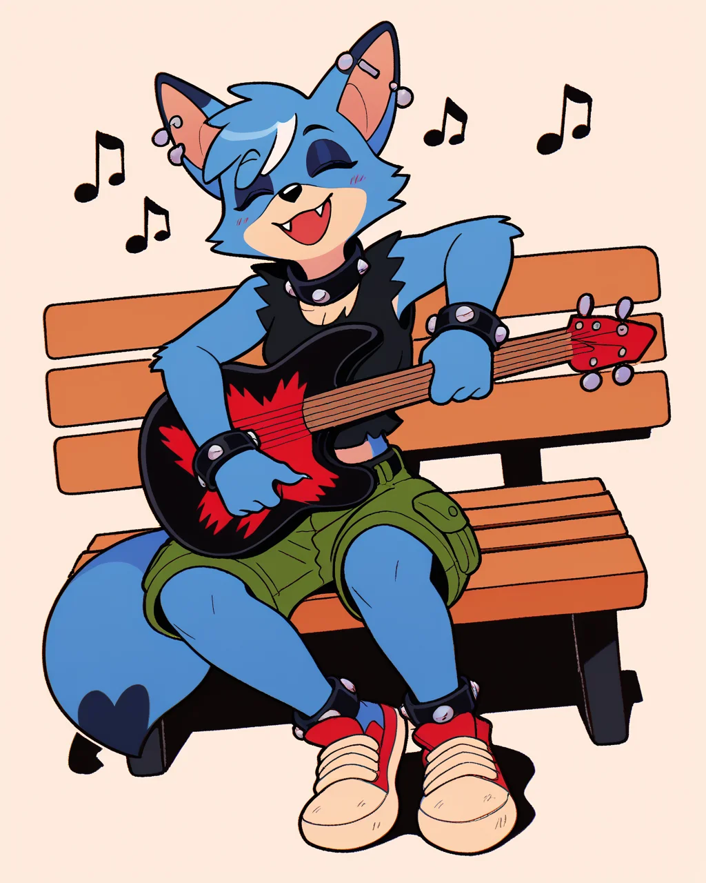 score_9_up, score_8_up, score_7_up, score_6_up, fox, furry, female, furry female, blue hair, eyeshadow, white highlights, blue body, industrial piercing, eyes closed, medium breasts, sleeveless, spike collar, wolf ears, bracelet, spiked bracelet, black crop top, green cargo shorts, female, short hair, midriff, solo, sitting, playing music, guitar, playing guitar, smile, sneakers, spiked anklet, singing, musical note, three-quarter view, head tilt, tail, simple background, bench, <lora:Leah_Pines(AIM)_XL_v1:0.15> <lora:PDXL_artist_tags_v2_big:0.5> <lora:The-Minuscule-Task_PDXL_v1.0:0.6> <lora:Fox_f0xnr0ll:0.7>