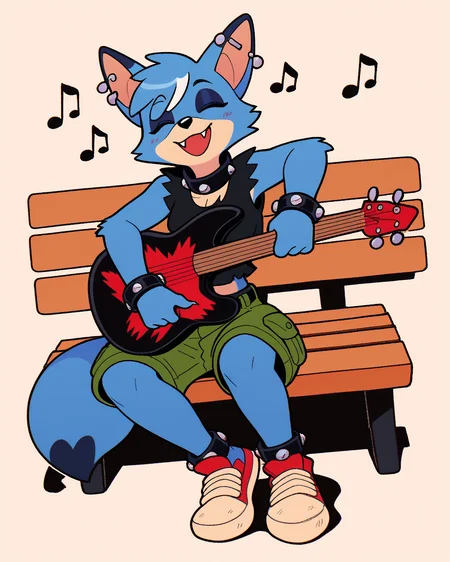 score_9_up, score_8_up, score_7_up, score_6_up, fox, furry, female, furry female, blue hair, eyeshadow, white highlights, blue body, industrial piercing, eyes closed, medium breasts, sleeveless, spike collar, wolf ears, bracelet, spiked bracelet, black crop top, green cargo shorts, female, short hair, midriff, solo, sitting, playing music, guitar, playing guitar, smile, sneakers, spiked anklet, singing, musical note, three-quarter view, head tilt, tail, simple background, bench, <lora:Leah_Pines(AIM)_XL_v1:0.15> <lora:PDXL_artist_tags_v2_big:0.5> <lora:The-Minuscule-Task_PDXL_v1.0:0.6> <lora:Fox_f0xnr0ll:0.7>