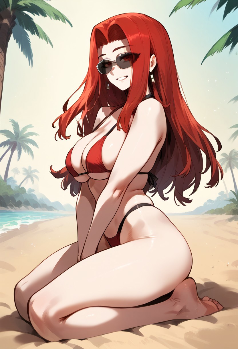zPDXL3, score_9_up, score_8_up, score_7_up, (Anime_source), 1girl, ValeriaHister, red eyes, res hair, long hair, cowboy shot, kneeling, looking at viewer, smile, from side, palm trees, light blush, sitting on sand (bikini, g thong), red theme, sunglasses