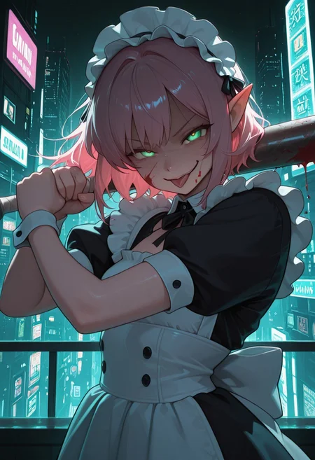 lazypos, digital painting, CivChan, green eyes, glowing eyes, long pink hair, elf ears, pointy ear, anime, 1girl, beautiful, kawaii, maid outfit, skinny, baseball bat, blood splatter on face, evil smile, tongue out, dynamic pose, cyberpunk, neon, city, cinematic lighting