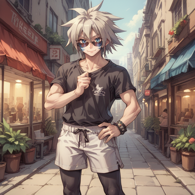 (score_9, score_8_up, score_7_up, score_6_up), source anime, BREAK, solo, <lora:Milanor:0.65> , miladef, (1boy), muscular, thick thighs, grey hair, spiked hair, blue facial mark, black shirt, black leggings, shorts, exterior, outdoors, dark sky, city street, city, skyscrapers, advertisements, shops, crowd, sunglasses, sunglasses down, hand on hip, standing, smile, closed mouth, <lora:zy_Detailed_Backgrounds_v1:0.5> , detailed background, highly detailed,   <lora:backgroundsetXL:0.4> , background, looking at viewer,   <lora:OldAnimeStyle_PonyXL:0.5> , Vintage, 1990s \(style\),