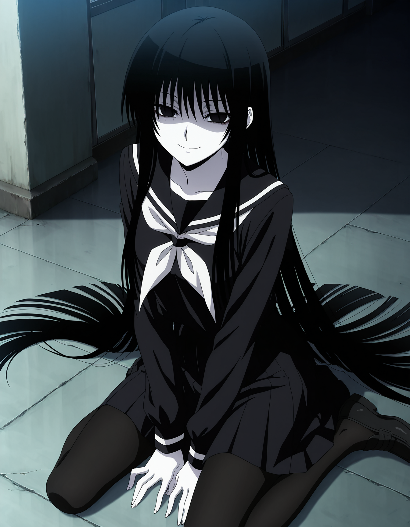 hagoromogitsune,solo,monochorome girl,black eyes,shaded facee,empty eyes,black hair,pale skin, white skin,very long hair,1girl,looking at viewer,smile,school uniform,black serafuku,black pantyhose,black lofers,black shoes,
,masterpiece,best quality,amazing quality, <lora:hagoromogitsune-ILXL:0.8>  , anime screencap,