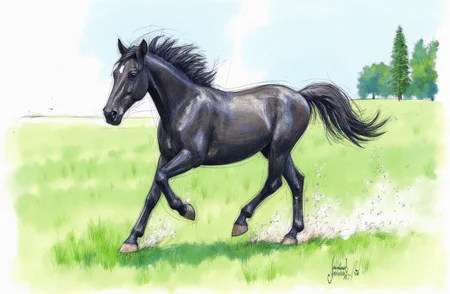Sharp image of a rough sketch, rendered in vibrant multi colour ballpoint pen, capturing the adorable features of a black horse galloping in a field. The horse is in motion, with its mane and tail flowing in the wind. Its hooves are kicking up dust as it gallops. The field is covered in green grass and there are trees in the background. The sky is blue and the overall mood of the image is peaceful and serene.  p3nsk, <lora:p3nsk:1>