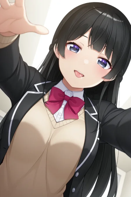 masterpiece, best quality, amazing quality, 

nijimito, medium breasts, blue eyes, black hair, long hair, french braid, hair pin, nijimitocos, white shirt, pink bowtie, sweater, black jacket, blazer jacket, closed jacket, (plaid skirt, pleated skirt, black skirt, miniskirt, white thighhighs:0), 

1girl, portrait, from below, looking down, looking at viewer, smile, tongue out, saliva, hands up, reaching towards viewer, open hands
