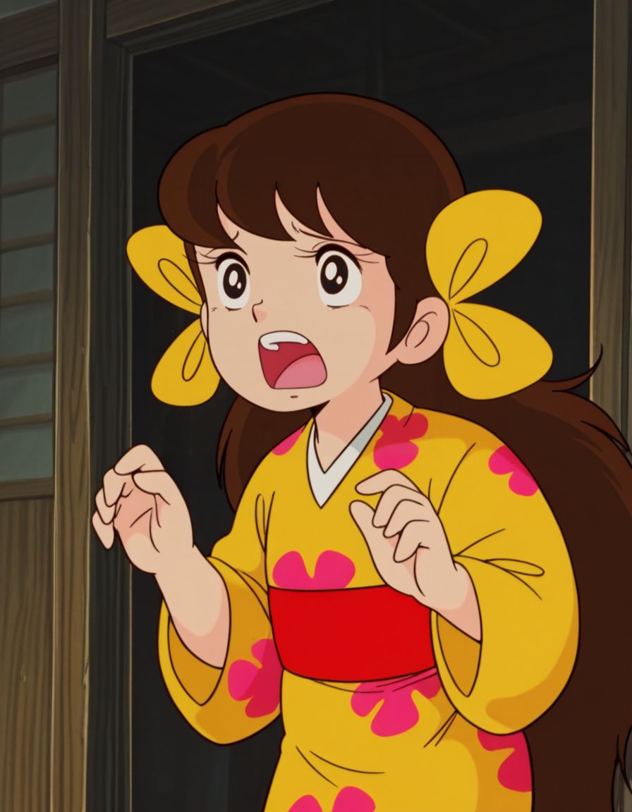 masterpiece, best quality, solo, scared, shouting, 
<lora:Sakura:1>, saku4a, 1girl, long hair, brown hair, black eyes, yellow kimono, multiple hair bows, 1980s \(style\),