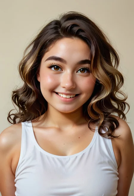 masterpiece, best quality, highly detailed, score_9, score_8_up, score_7_up, score_6_up, face close-up, focus on eyes, 1woman, solo, slightly overweight woman, short Brazilian mixed-race woman, (body height: 150cm), 20yo woman. Round face, prominent cheekbones, small rounded chin, upturned nose with a subtly wide bridge, a slight asymmetry in her nose alignment, adding realism. Large light brown almond-shaped eyes with long, thick lashes, full and slightly arched eyebrows. Light skin with a rosy undertone, reflecting Portuguese, Indigenous, and Black ancestry. Dark brown hair, long hair, voluminous wavy hair, with subtle warm-toned highlights, adding depth. Warm, wide, excited smile, with a playful, ill-intentioned expression. Captivating presence, a faint shadow of insecurity almost hidden behind her confidence. Needing for men approval.