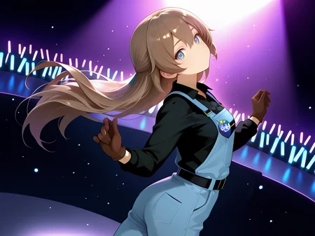 long sleeves,cowboy shot,<lora:IL_Toyu_Hitoka:1>,1girl,solo,Toyu Hitoka,fl_t,blue overall,glowstick,stage,concert,stage lights,audience,spotlight,head tilt,dutch angle,blue eyes,brown hair,long hair,collared shirt,belt,blue overall,black collared shirt,brown gloves,badge on chest,knee pads,bloom,backlighting,light particles,foreshortening,looking at viewer,from above,close-up of face,intense angle,arched back,no mouth,side glance,twisted torso,from back,looking back,floating hair,long hair floating everywhere,w arms,, masterpiece,amazing quality,best quality,ultra-detailed,8K,illustration,CG,shiny hair,clear skin,ultra-detailed-eyes,ultra-detailed-background,