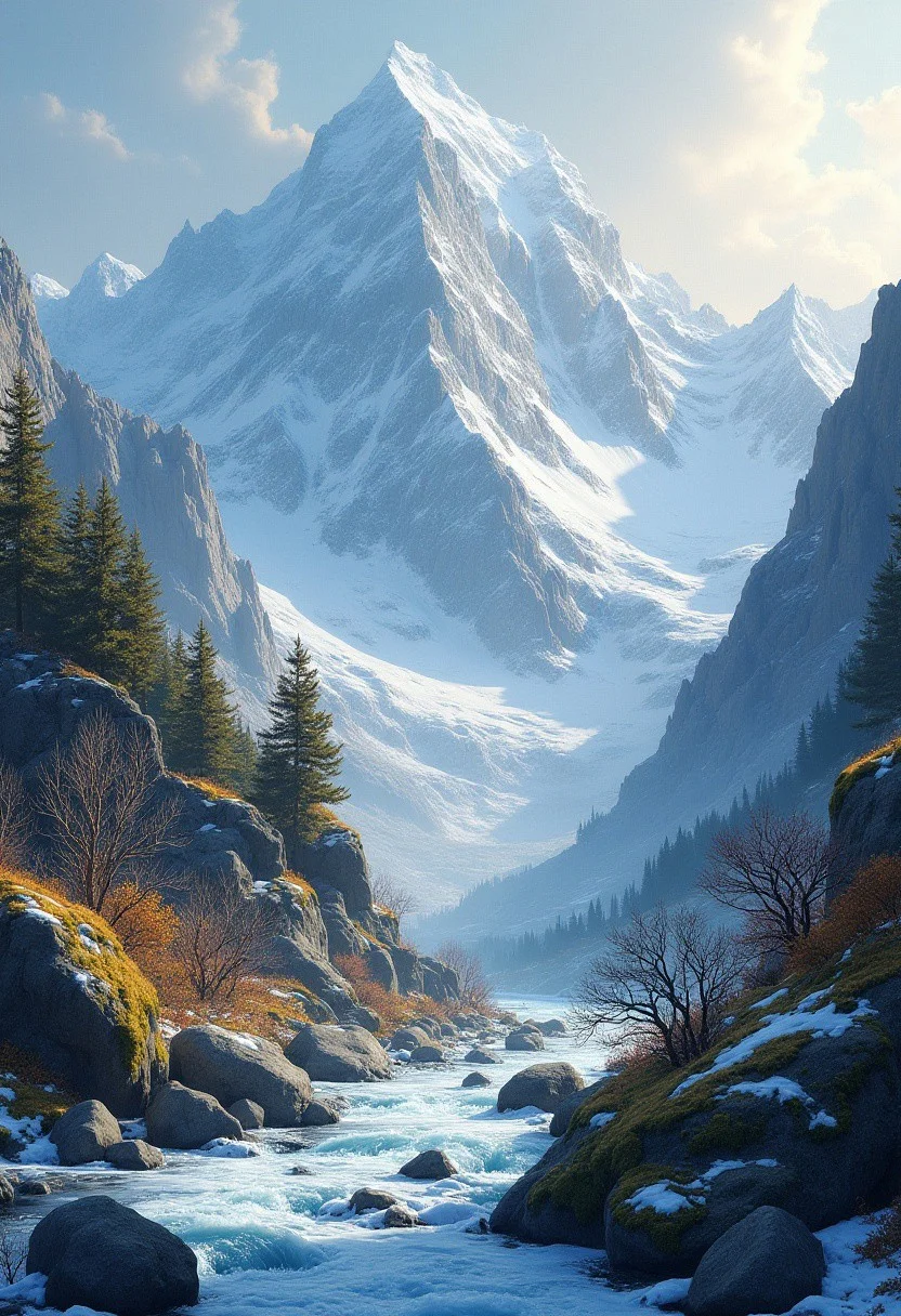 "Mountain Range at Dawn with Snow Peaks"
Painters: Ivan Choultsé (pristine, snowy mountains, rich textures), Alexander Volkov (soft lighting, mountain shadows), Diego Fazio (fine detailing on textures).
Description: Towering mountain peaks bathed in dawn light, with snow-covered slopes that shimmer in the early sun. Foreground rich with moss-covered rocks and icy streams that showcase immense texture and realism.