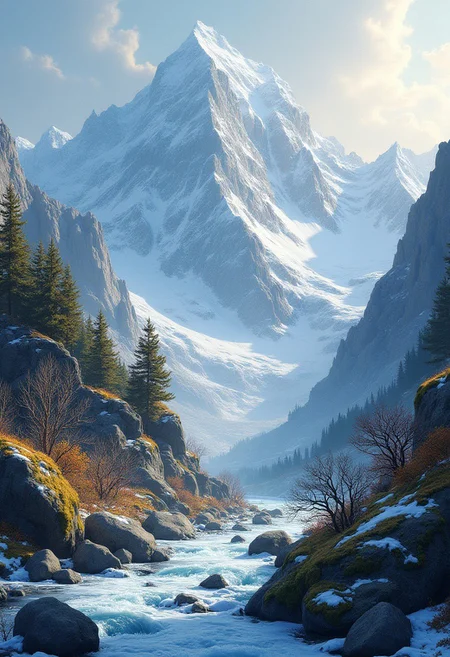"Mountain Range at Dawn with Snow Peaks"
Painters: Ivan Choultsé (pristine, snowy mountains, rich textures), Alexander Volkov (soft lighting, mountain shadows), Diego Fazio (fine detailing on textures).
Description: Towering mountain peaks bathed in dawn light, with snow-covered slopes that shimmer in the early sun. Foreground rich with moss-covered rocks and icy streams that showcase immense texture and realism.