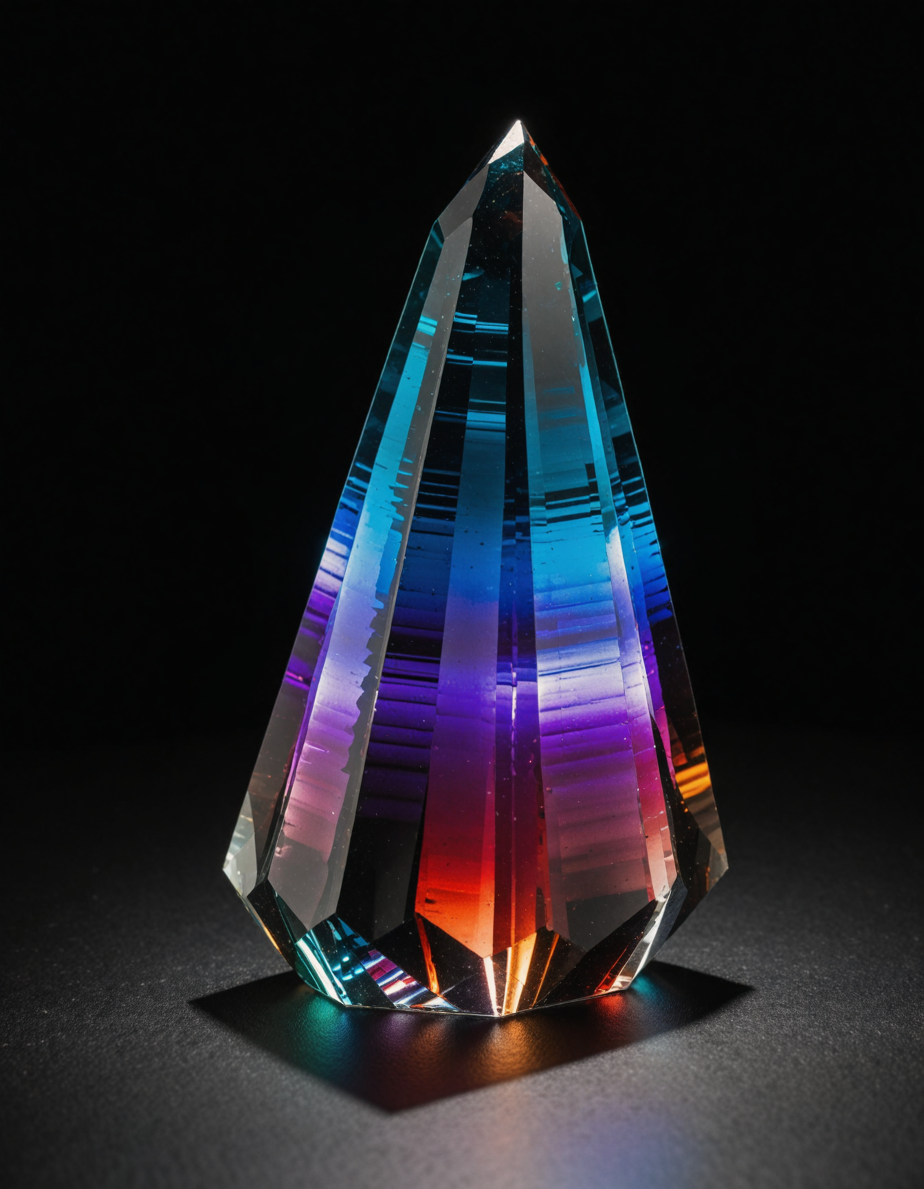 A photo-realistic shoot from a close-up camera angle about a glowing, multicolored crystal placed on a dark surface. the focal point of the image is a large, obelisk-shaped crystal with a smooth, polished surface and a pointed tip. the crystal is positioned in the center of the frame, with the dark, smoky background providing a dramatic contrast to the vibrant colors of the crystal. the colors blend seamlessly into one another, creating a gradient effect with shades of blue, purple, and red. the light from the crystal illuminates the crystal, casting a soft glow on its surface, making it stand out against the dark background. the overall effect is one of serenity and tranquility, with a focus on the crystal and its surroundings.  no_humans, glowing, gem, crystal, rock, dark, dark_background