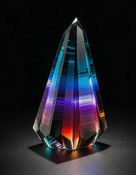 A photo-realistic shoot from a close-up camera angle about a glowing, multicolored crystal placed on a dark surface. the focal point of the image is a large, obelisk-shaped crystal with a smooth, polished surface and a pointed tip. the crystal is positioned in the center of the frame, with the dark, smoky background providing a dramatic contrast to the vibrant colors of the crystal. the colors blend seamlessly into one another, creating a gradient effect with shades of blue, purple, and red. the light from the crystal illuminates the crystal, casting a soft glow on its surface, making it stand out against the dark background. the overall effect is one of serenity and tranquility, with a focus on the crystal and its surroundings.  no_humans, glowing, gem, crystal, rock, dark, dark_background
