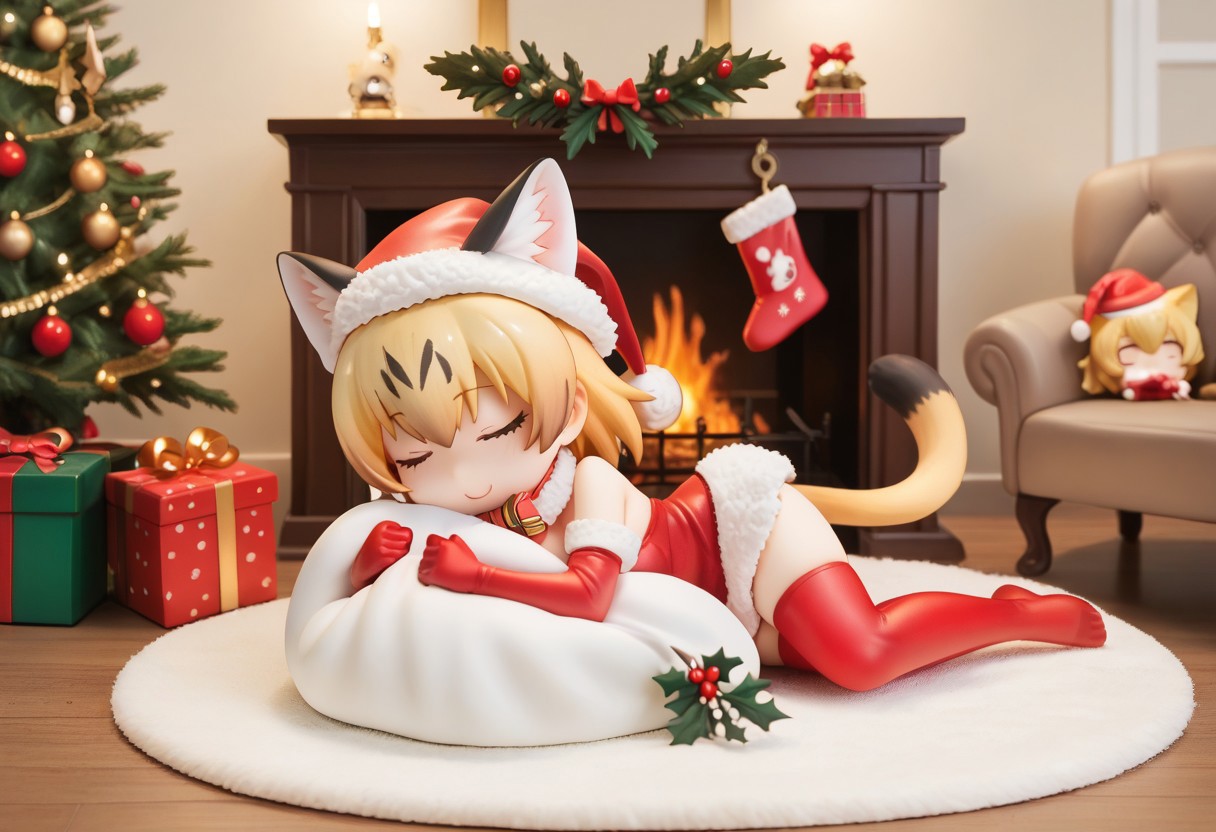 1girl, ((solo)), best quality, ultra-detailed, extremely detailed, perfect anatomy, masterpiece, score_9, score_8_up, score_7_up, Expressiveh, sand cat \(kemono friends\), 1girl, cat girl, cat ears, blonde hair, short hair, cat tail, christmas tree, christmas decoration, christmas ornaments, underneath Christmas tree background, indoors, santa cosplay, santa outfit, santa hat, santa's sack, Christmas outfit, giant sack of presents, fully clothed, Christmas themed thighhighs, thighhighs, elbow gloves, bowtie, santa's sack of presents, red ribbon collar, Christmas presents, Christmas themed, living room, fireplace, (chibi), cute, adorable, closed eyes, sleeping, smiling, laying on side, side view, tail_accessory, mistletoe_on_tail, mistletoe, closeup,