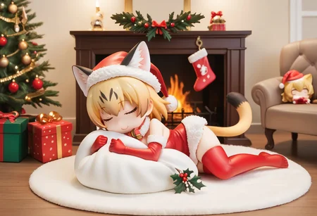 1girl, ((solo)), best quality, ultra-detailed, extremely detailed, perfect anatomy, masterpiece, score_9, score_8_up, score_7_up, Expressiveh, sand cat \(kemono friends\), 1girl, cat girl, cat ears, blonde hair, short hair, cat tail, christmas tree, christmas decoration, christmas ornaments, underneath Christmas tree background, indoors, santa cosplay, santa outfit, santa hat, santa's sack, Christmas outfit, giant sack of presents, fully clothed, Christmas themed thighhighs, thighhighs, elbow gloves, bowtie, santa's sack of presents, red ribbon collar, Christmas presents, Christmas themed, living room, fireplace, (chibi), cute, adorable, closed eyes, sleeping, smiling, laying on side, side view, tail_accessory, mistletoe_on_tail, mistletoe, closeup,