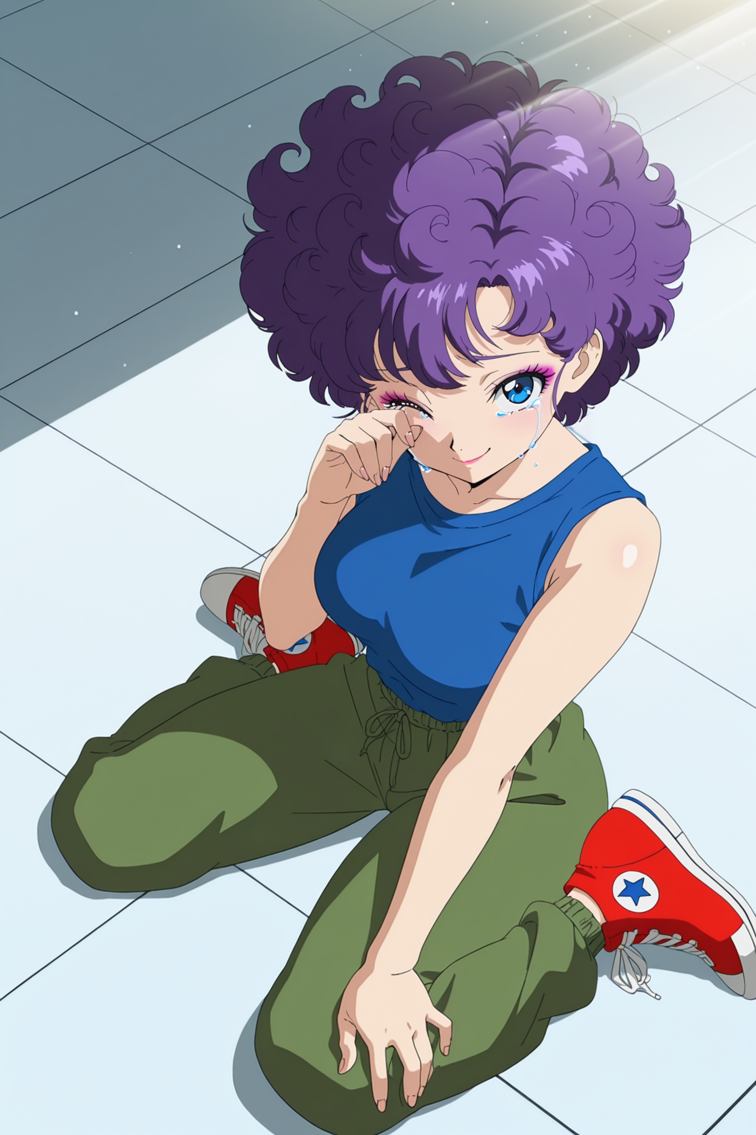 anime screencap, masterpiece, best quality, amazing quality, very aesthetic, absurdres,  newest, (scenery, volumetric lighting), official style, light particles, light rays, dappled moonlight,
ranfan, official style, 1girl, solo, breasts, looking at viewer, smile, short hair, curly hair, purple hair, blue eyes, makeup, crying, sleeveless, blue tank top, sweatpants, green bottomwear, sneakers, multi tone footwear, print footwear, red footwear, rubbing eyes, one eye closed, looking to the side, wariza, full body, sitting, fingernails, day, cloud, from above, tile floor, 
 <lora:Ranfan_IL:0.8>