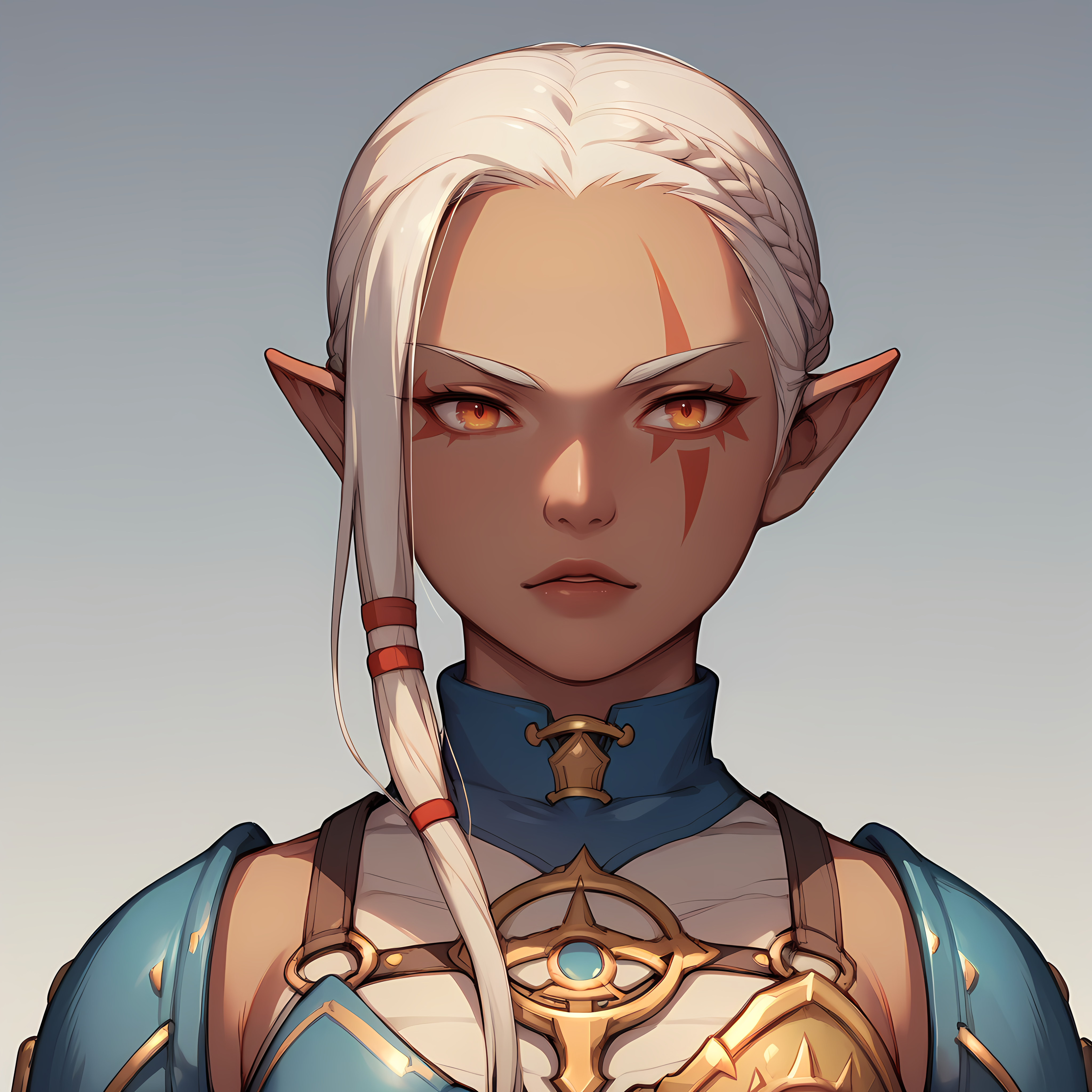 score_9,score_8_up,score_7_up,score_6_up,source_anime,rating_questionable,1girl, solo, <lora:Impa_-_LOZ:0.8> Impa_HW, pointy ears,white hair, braid, dark skin, blue outfit, armor, red facial mark,, zPDXL2,