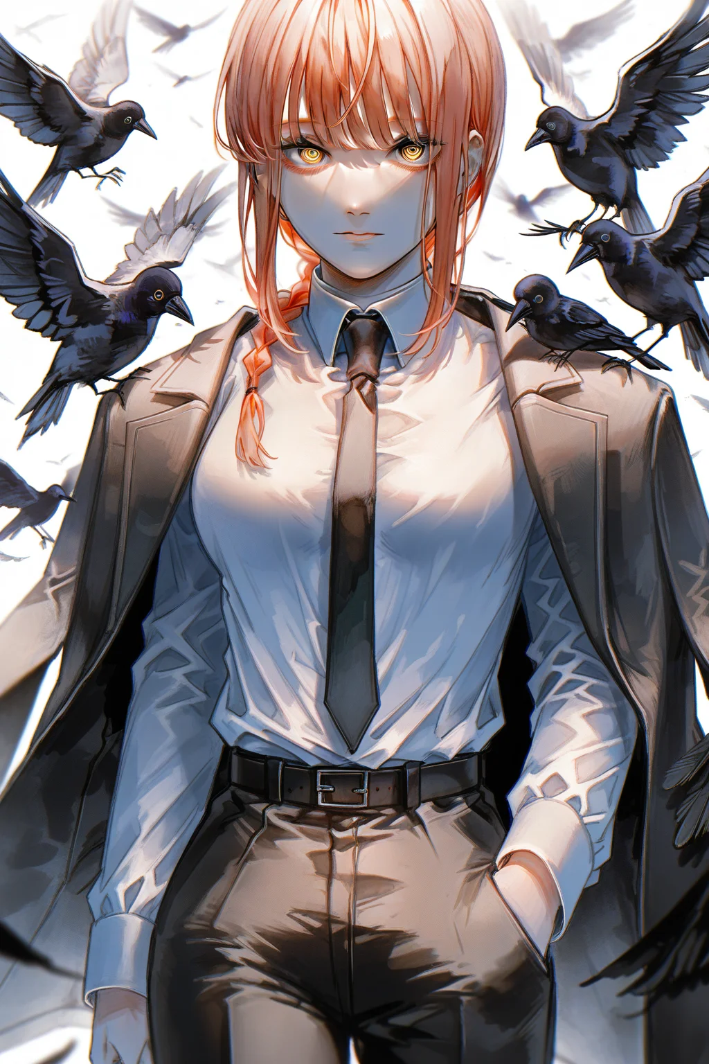 SCPT,1girl,makima \(chainsaw man\),necktie,shirt,bird,solo,pants,braid,white shirt,collared shirt,formal,looking at viewer,suit,black pants,ringed eyes,crow,shirt tucked in,jacket,braided ponytail,black necktie,white background,belt,red hair,yellow eyes,medium breasts,medium hair,breasts,