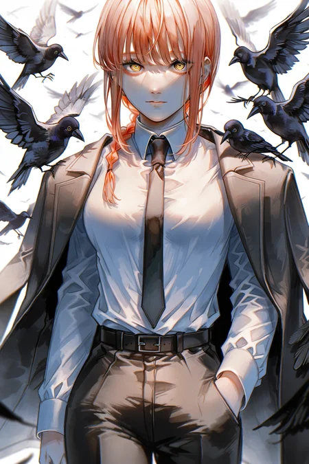 SCPT,1girl,makima \(chainsaw man\),necktie,shirt,bird,solo,pants,braid,white shirt,collared shirt,formal,looking at viewer,suit,black pants,ringed eyes,crow,shirt tucked in,jacket,braided ponytail,black necktie,white background,belt,red hair,yellow eyes,medium breasts,medium hair,breasts,