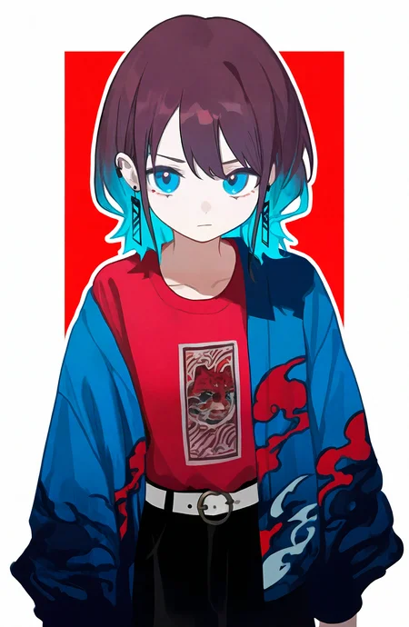1girl, solo, looking_at_viewer, blue_eyes, shirt, brown_hair, closed_mouth, jewelry, jacket, multicolored_hair, earrings, pants, belt, gradient_hair, black_pants, blue_jacket, red_shirt, red_background, print_shirt, white_belt