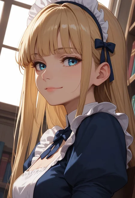 (score_9, score_8_up, score_7_up), 1girl, solo,blonde hair, blue eyes, long hair, hime cut, long bangs, small breasts, maid dress, 
(face focus, close-up, dutch angle:1.3),library, private study, sunset,, thighs, wide hips, sitting, window, (from side:0.7),looking away,
(relaxed smile, smug:0.9),