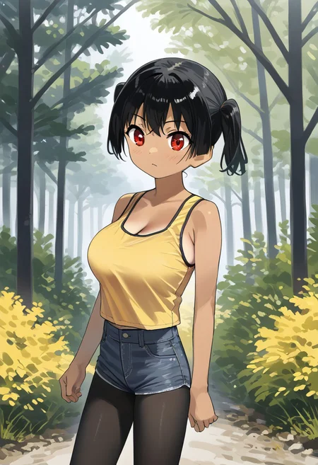 outdoors,nature,
solo,
KannaSasaki,1girl,black hair,short twintails,red eyes,tan
large breasts,
yellow tank top,
denim shorts,pantyhose,
standing,