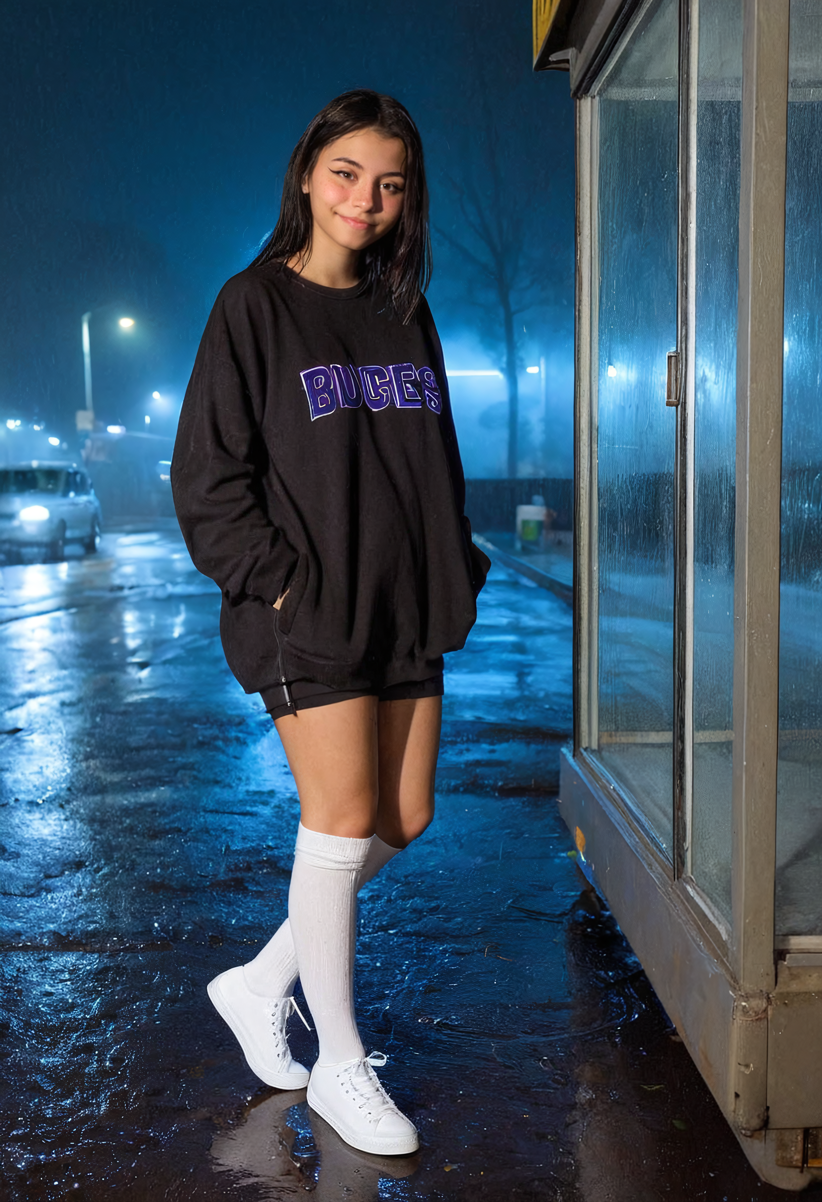 1girl mentaldora, leaning back against wet glass, black hair, smile, grin, smirk, realistic, wearing oversized baggy long black sweatshirt, white socks, black converse shoes, standing at a foggy bus stop alone at night, neon color lighting in background, hair slightly damp, moody colorful neon reflection in puddles, Canon 50mm <lora:mentaldora_v2:1.0000000000000002>