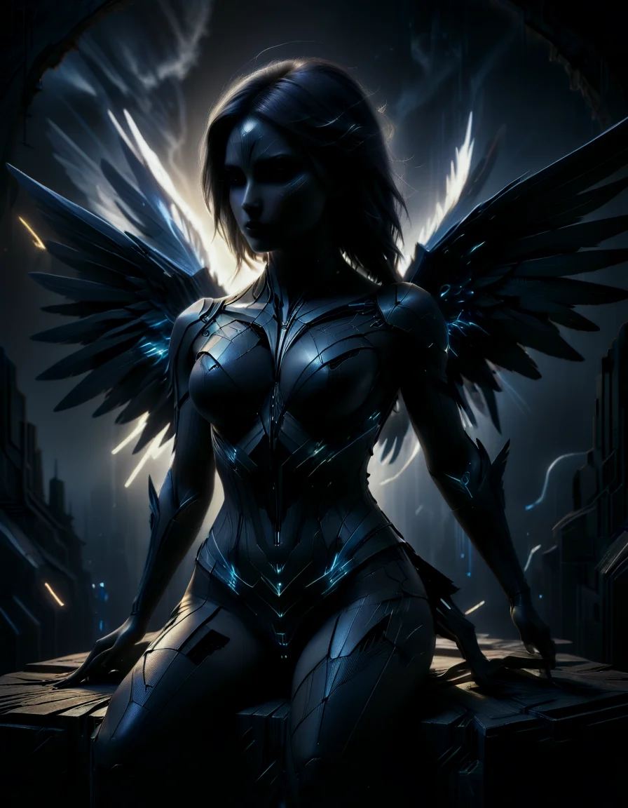 Capture from above a huge, enormous majestic dystopian style statue silhouette, resembling an angel with glowing tattoo on her chest and glowing light lines on feathered wings, kneeling over cityscape, brutalism style. Use HDR and ray tracing to enhance visual impact and create an ultimate masterpiece