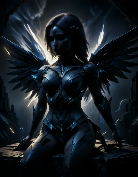 Capture from above a huge, enormous majestic dystopian style statue silhouette, resembling an angel with glowing tattoo on her chest and glowing light lines on feathered wings, kneeling over cityscape, brutalism style. Use HDR and ray tracing to enhance visual impact and create an ultimate masterpiece