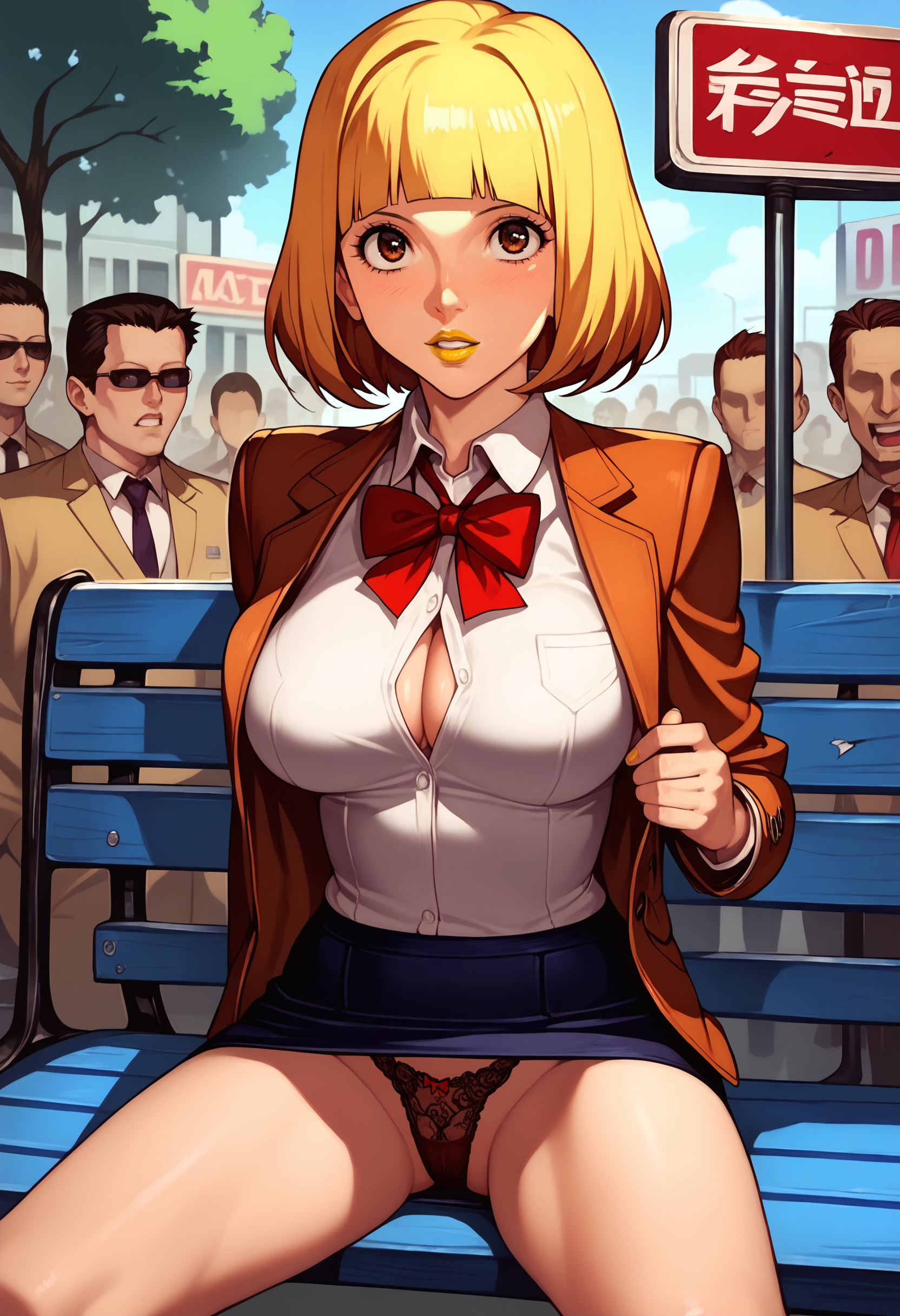 (score_9,score_8_up,score_7_up),(anime:1.2), looking at viewer, (vivid colors:1.1), 1girl, (Hana_Midorikawa:1.2) , adult, large breasts, arrogant, short skirt, large cleavage, lace panties, skimpy, school uniform, blunt bangs, yellow lipstick, eyelashes, (legs spread, sitting on bench, parking lot, sunshine, bright, faceless crowd, detailed background:1.2),    <lora:Hana_Midorikawa_v10:1>  ,   <lora:[GP] somethingweird [Pony XL]:1>