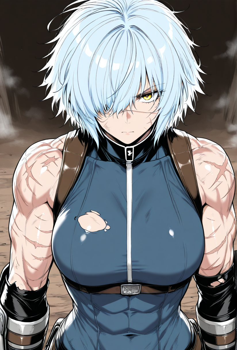 (masterpiece, best quality, ultra-detailed:1.4),
solo,1girl, (light blue hair:1.3), short messy hair, bangs,
(yellow eyes:1.5), (battle-worn expression:1.3), (scar over one eye:1.5), (intimidating aura:1.3),
(hair covering one eye:1.5), (bangs covering left eye:1.4), (left eye obscured by hair:1.4), (hair over eye:1.3),
(battle-hardened:1.4), (war veteran:1.3), (many scars:1.3), (visible wounds:1.2), (weathered face:1.2), (dirt and grime:1.2),
(toned arms:0.6), (muscle tension visible:0.3), (slim but athletic build:1.1), (strong female warrior:1.1), mercenary warrior
(dynamic lighting:1.3), (gritty, rough textures:1.2)
looking at viewer, (hair slightly messy:1.2), (torn and worn-out fighter outfit:1.2),
 <lora:VioletV2:1>
