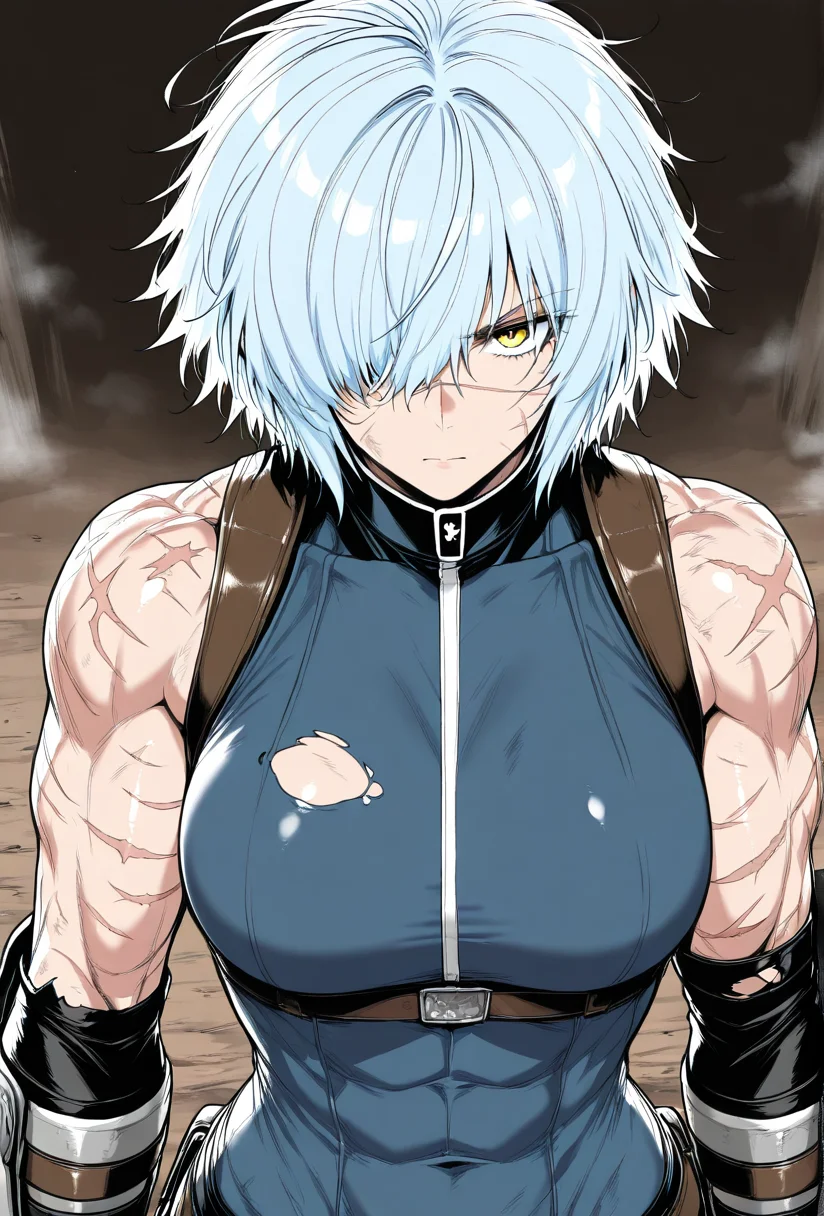 (masterpiece, best quality, ultra-detailed:1.4),
solo,1girl, (light blue hair:1.3), short messy hair, bangs,
(yellow eyes:1.5), (battle-worn expression:1.3), (scar over one eye:1.5), (intimidating aura:1.3),
(hair covering one eye:1.5), (bangs covering left eye:1.4), (left eye obscured by hair:1.4), (hair over eye:1.3),
(battle-hardened:1.4), (war veteran:1.3), (many scars:1.3), (visible wounds:1.2), (weathered face:1.2), (dirt and grime:1.2),
(toned arms:0.6), (muscle tension visible:0.3), (slim but athletic build:1.1), (strong female warrior:1.1), mercenary warrior
(dynamic lighting:1.3), (gritty, rough textures:1.2)
looking at viewer, (hair slightly messy:1.2), (torn and worn-out fighter outfit:1.2),
<lora:VioletV2:1>