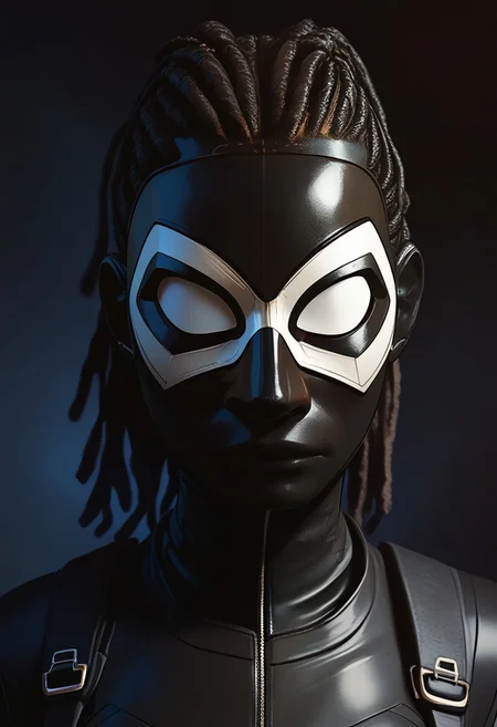 score_9, score_8_up, score_7_up, score_6_up, score_5_up, 1girl, African, Africanmask,
modern mask,
BlackPanther, Shuri, Marvel, white eyes, no pupils, black bodysuit, bodysuit, black gloves, black boots, mask, black mask, covered face, no mouth, large breasts, perky breasts,
BP_shuri, upper body, face focus, close up, dreadlocks, bun,