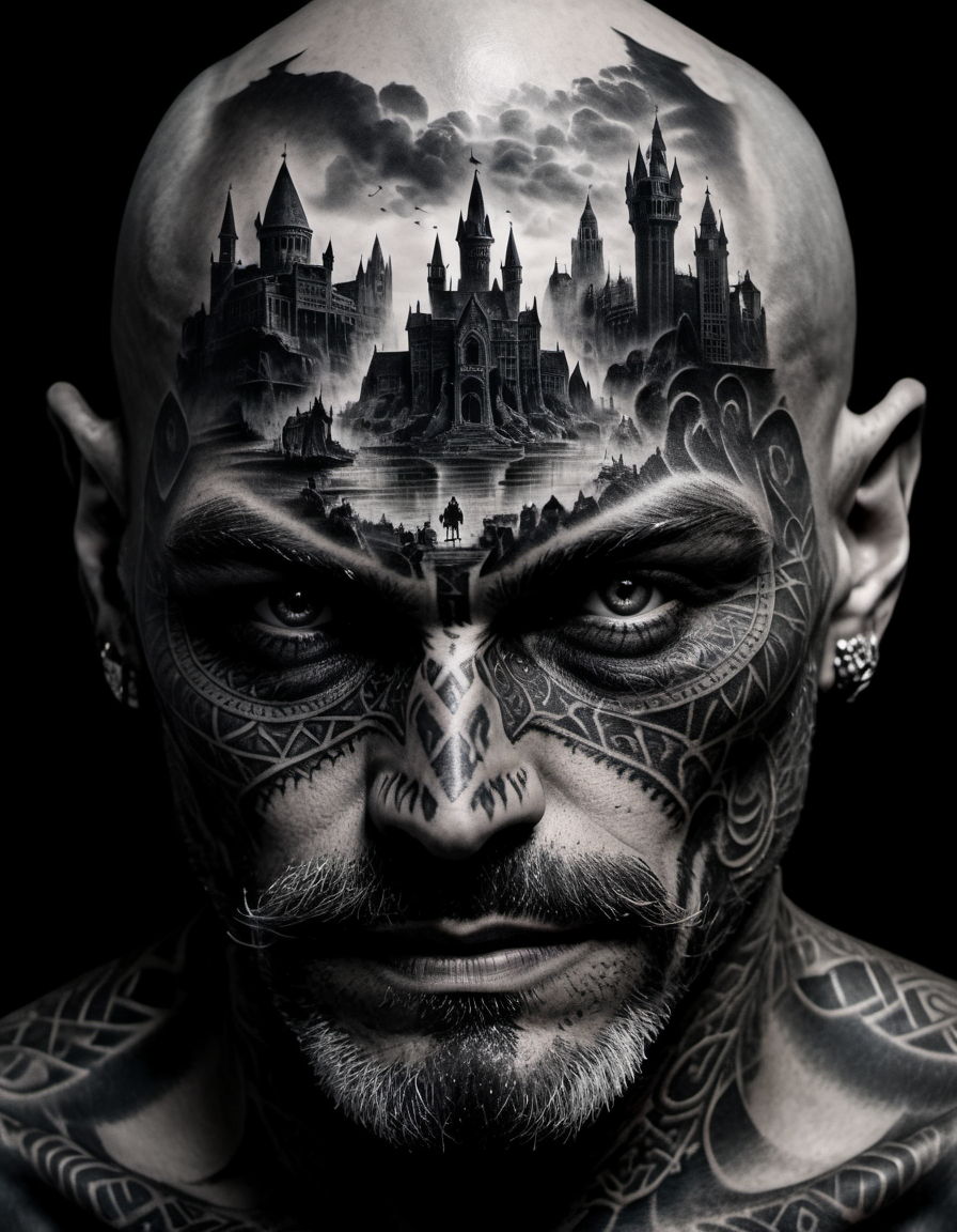 double exposure, black and white pencil sketch extreme side closeup of a wizards face with black tattoos, mountains,  black background