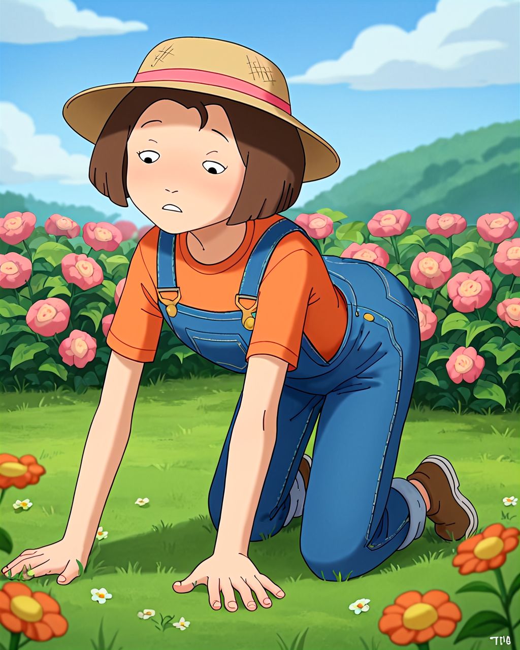 Ugly score_9, score_8_up, score_7_up, score_6_up, score_5_up, score_4_up, solo, <lora:msTin1TV_PDXL:1> mstin1tv, brown hair, short hair, small eyes, black eyes, wide-brim hat, denim overalls, trowel,  on all fours, outdoors, blue sky, lawn, tending to a flower garden,
