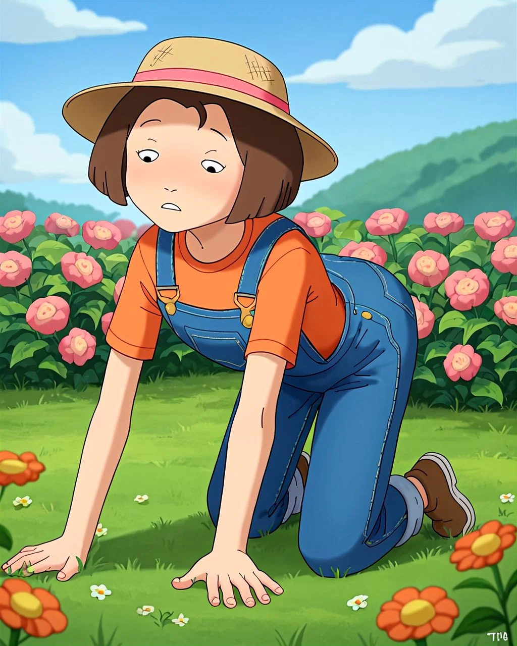 Ugly score_9, score_8_up, score_7_up, score_6_up, score_5_up, score_4_up, solo, <lora:msTin1TV_PDXL:1> mstin1tv, brown hair, short hair, small eyes, black eyes, wide-brim hat, denim overalls, trowel, on all fours, outdoors, blue sky, lawn, tending to a flower garden,