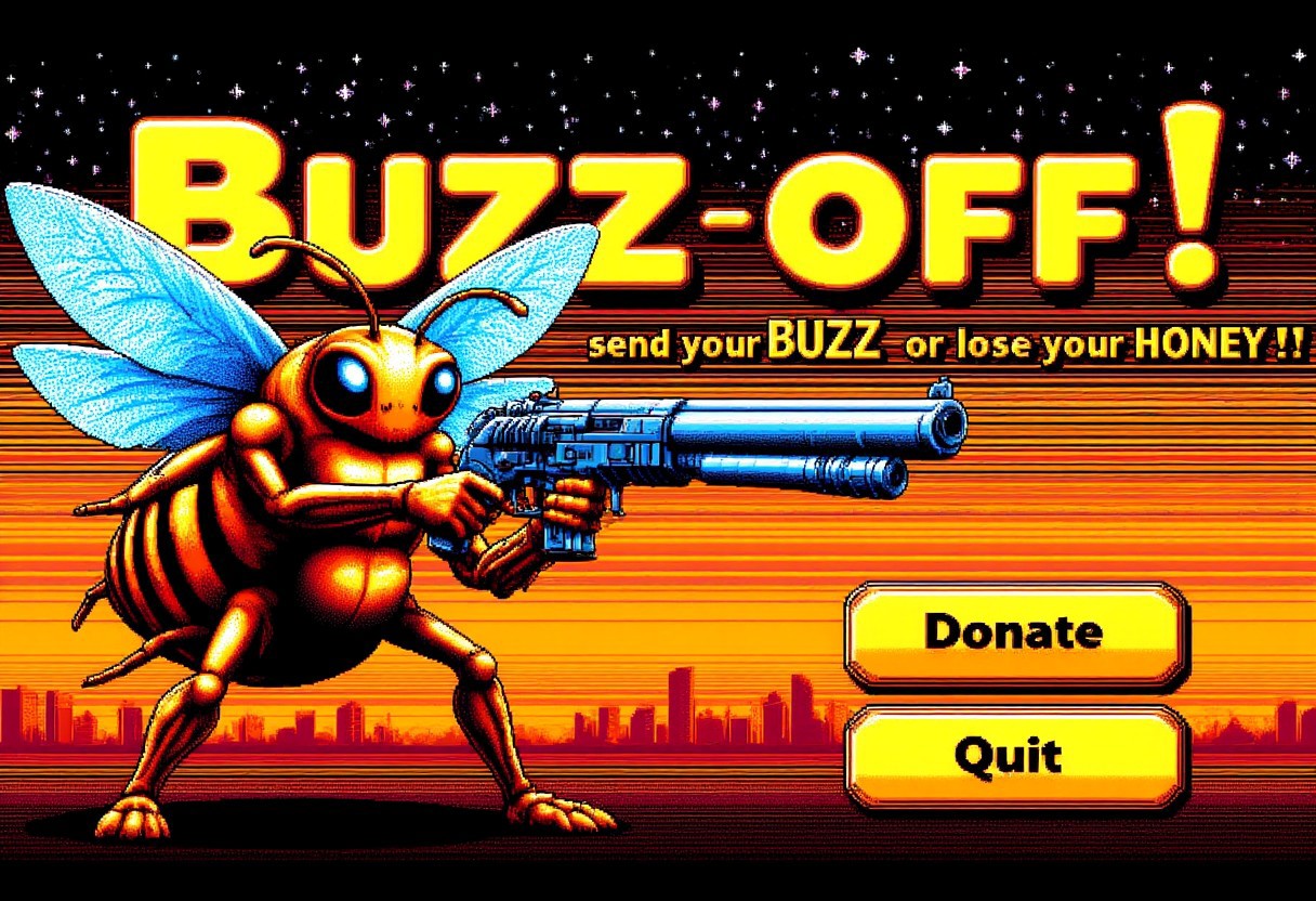 The title screen for an alien bee themed game in pc98style. The bee looks threatening and is holding a gun. The title of the game is "Buzz off" with the subtitle "send your BUZZ or lose your HONEY!"
The menu options are visible: Donate, Quit. The donate option is highlighted.