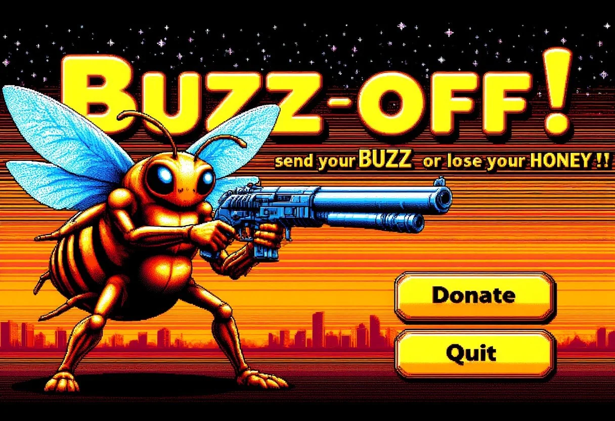 The title screen for an alien bee themed game in pc98style. The bee looks threatening and is holding a gun. The title of the game is "Buzz off" with the subtitle "send your BUZZ or lose your HONEY!"
The menu options are visible: Donate, Quit. The donate option is highlighted.