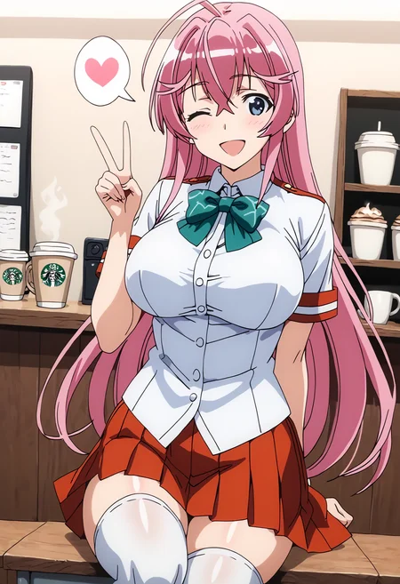 <lora:offset_0.2:0.6>, <lora:xl_more_art-full_v1:0.6>, <lora:add-detail-xl:0.7>,<lora:Smooth Anime 2 Style SDXL_LoRA_Pony Diffusion V6 XL:0.6>, <lora:sdxl_lightning_8step_lora:1>,<lora:sdxl-hairdetailer_02:0.6>
score_9, score_8_up, score_7_up, BREAK source_anime,best quality, masterpiece,anime screencap,source_anime,(ai-generated:0.8),
best quality, very aesthetic,absurdres,
otmn,<lora:Pony_otmn_v1_XL-000015:0.85>
1girl,solo,
pink hair,
large breasts,
smile,happy,v,one eye closed,
red lined school uniform, red colored pleated skirt, green bowtie, white thighhighs,
coffee mug, spoken heart,
sitting on chair,
in coffee shop,
