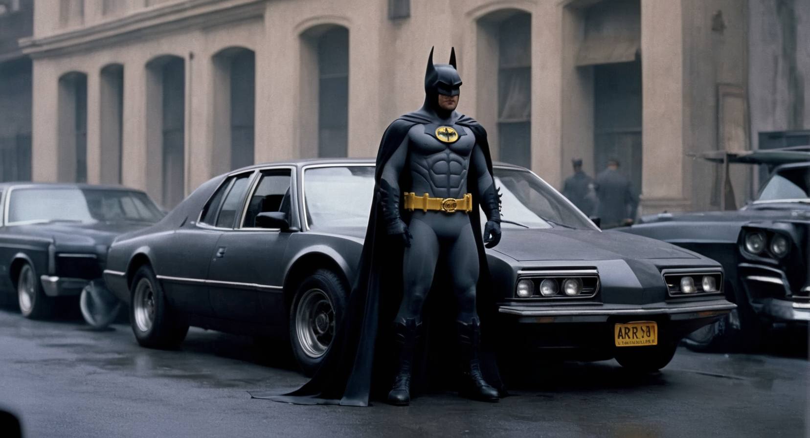 concept art of  Cinematic Film stock footage in (arri alexa style) Kodak film print,    <lora:batman 1989:1> batman 1989 a man in a batman costume standing next to a car, digital artwork, illustrative, painterly, matte painting, highly detailed