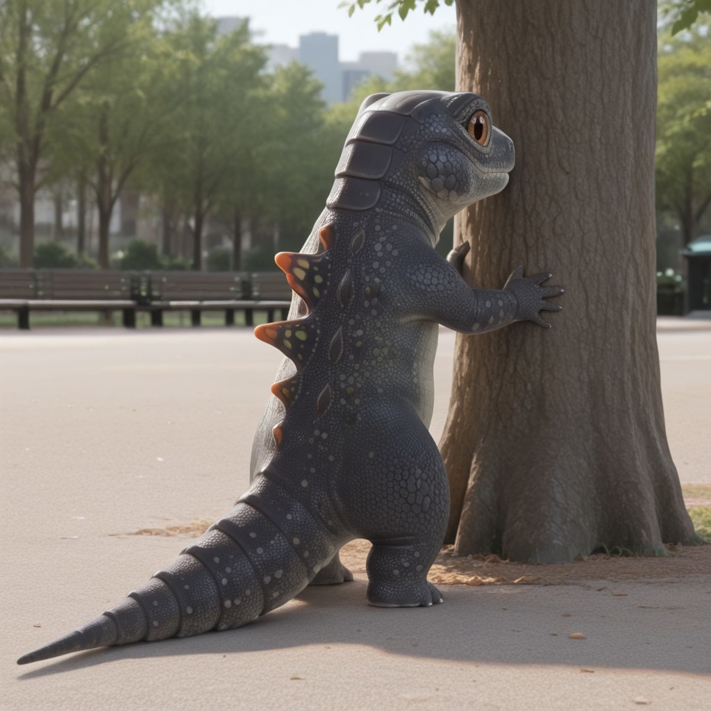 masterpiece, best quality, amazing quality, Geckzilla, feral, gecko, male, grey skin, orange eyes, tail, back spines, in a park