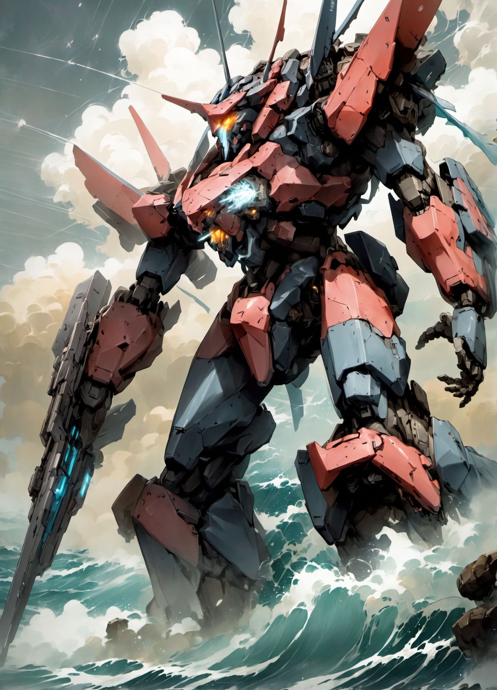 A Mech fighting in the ocean, <lora:[XL]Mechatest:1>