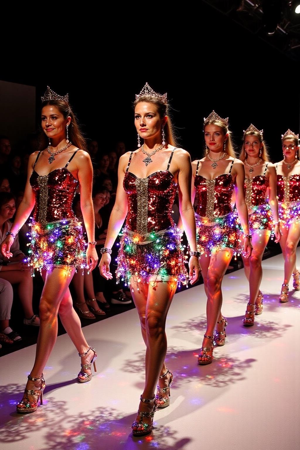A group of models on a catwalk.  They are wearing dresses with short skirts made of Christmas lights. <lora:xmaslight3_nocap_d6a3:1.0><lora:808782190826551717:0>