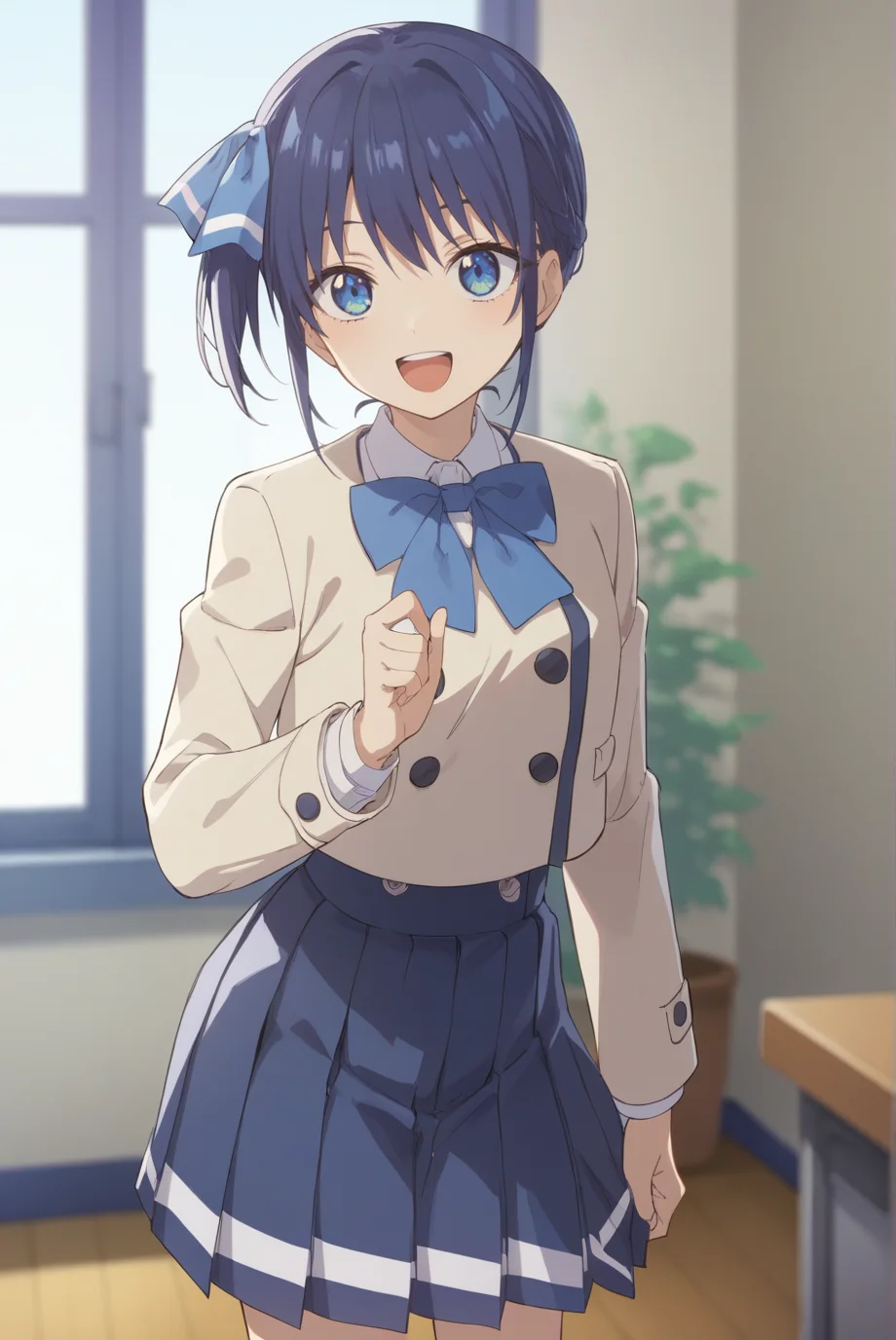 score_9, score_8_up, score_7_up, score_6_up, score_5_up, score_4_up, BREAK source_anime, 1girl, solo,
<lora:NagisaXL-v1-07:0.7>, ChopioNagisa, short hair, blue hair, side ponytail, hair bow, blue eyes, side braid, looking at viewer,
outfit_1, beige jacket, closed jacket, collared shirt, bowtie, cropped jacket, double-breasted, long sleeves, blue skirt, pleated skirt,
living room, standing, smile, open mouth, :d, upper teeth only,
