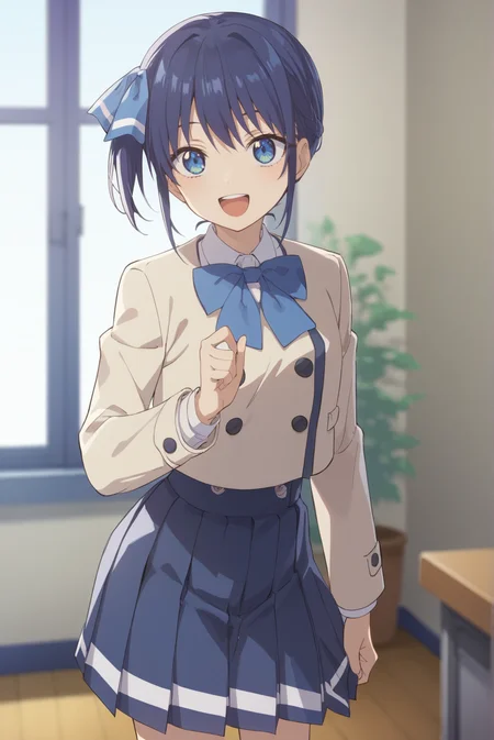 score_9, score_8_up, score_7_up, score_6_up, score_5_up, score_4_up, BREAK source_anime, 1girl, solo,
<lora:NagisaXL-v1-07:0.7>, ChopioNagisa, short hair, blue hair, side ponytail, hair bow, blue eyes, side braid, looking at viewer,
outfit_1, beige jacket, closed jacket, collared shirt, bowtie, cropped jacket, double-breasted, long sleeves, blue skirt, pleated skirt,
living room, standing, smile, open mouth, :d, upper teeth only,