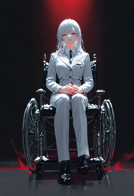 1girl, solo, sitting on the wheelchair, 2panthers, silver hair, red eyes, mysterious mood, masterpiece,best quality,very aesthetic, absurdres, newest,