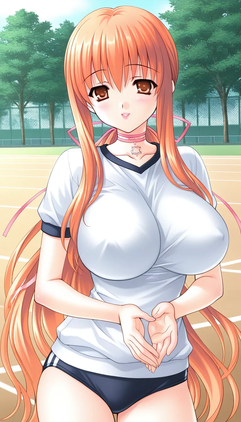 general,highres, ultra-detailed,very aesthetic,best quality ,best hands, BREAK <lora:Takeuchi_Himeka_IS:1>Takeuchi_Himeka, 1girl, very long hair, huge breasts, orange hair, low ponytail, brown eyes, hair ribbon, choker, lipstick,
solo, gym uniform,white shirt, dark blue buruma,
outdoor, day,