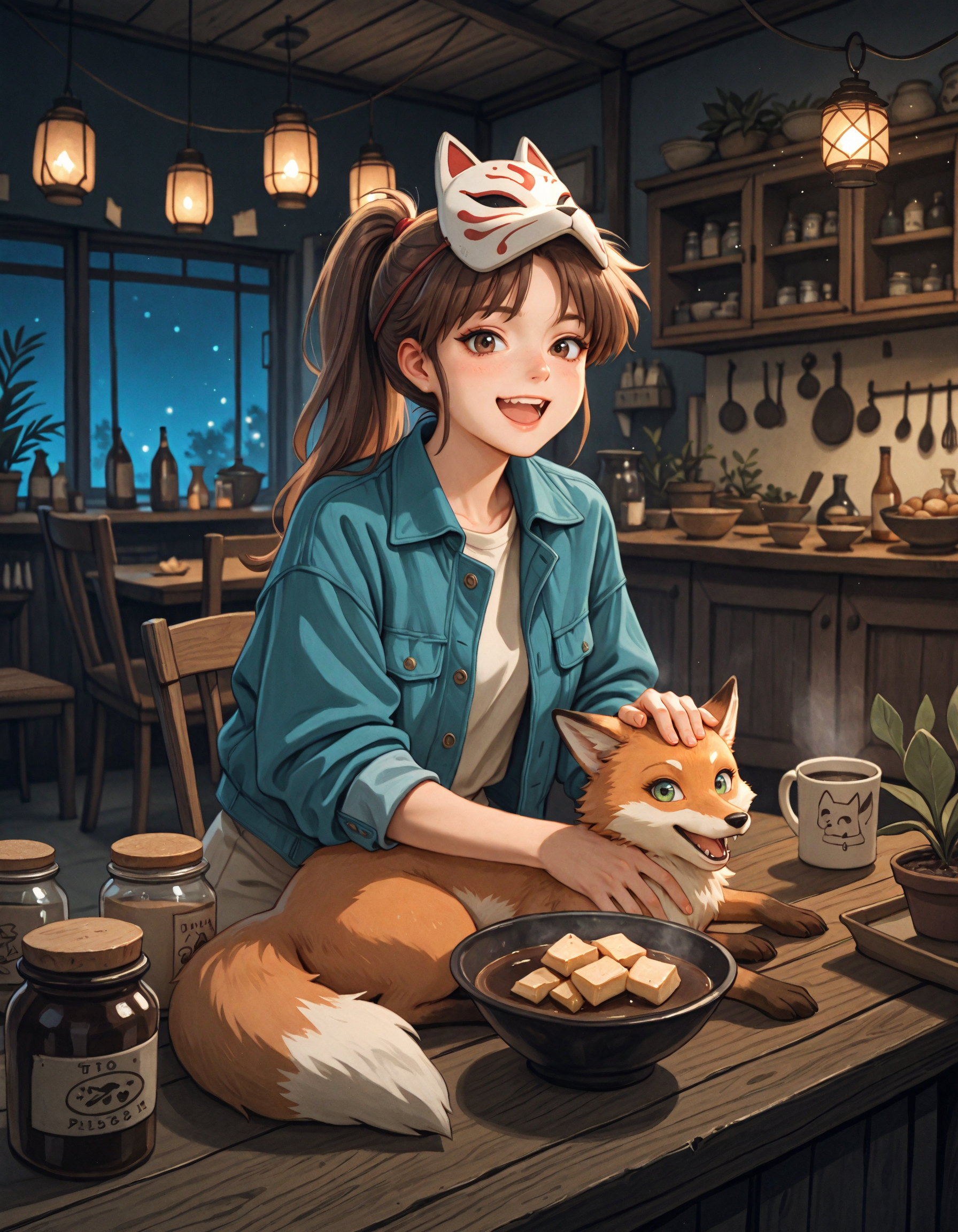(atmosphere, masterpiece, high_quality, absurdres, very aesthetic, blurry_background, grainy_texture, film_grain, light particles textured clothing, textured hair, painterly, watercolor_\(medium\), colored_pencil_\(medium\), blending)
(w1tchyc0ttagec0re, petting fox in foreground, 1girl, solo, long_hair, blush, looking_at_viewer, smile, open_mouth, brown_hair, photoshop_(medium), shirt, brown_eyes, green_eyes, jacket, ponytail, flower, :d, food, teeth, indoors, cup, window, mask, night, chair, table, high_ponytail, bottle, plant, bowl, lantern, mug, potted_plant, mask_on_head, fox_mask, coffee, shelf, kitchen, jar, shop, mask_removed, counter, inuyasha)