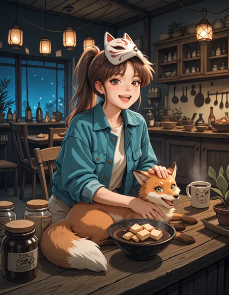 (atmosphere, masterpiece, high_quality, absurdres, very aesthetic, blurry_background, grainy_texture, film_grain, light particles textured clothing, textured hair, painterly, watercolor_\(medium\), colored_pencil_\(medium\), blending)
(w1tchyc0ttagec0re, petting fox in foreground, 1girl, solo, long_hair, blush, looking_at_viewer, smile, open_mouth, brown_hair, photoshop_(medium), shirt, brown_eyes, green_eyes, jacket, ponytail, flower, :d, food, teeth, indoors, cup, window, mask, night, chair, table, high_ponytail, bottle, plant, bowl, lantern, mug, potted_plant, mask_on_head, fox_mask, coffee, shelf, kitchen, jar, shop, mask_removed, counter, inuyasha)