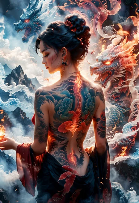 NSFW, Translucent, 8k, (film grain, dof, color graded cinematic, ultra detailed:1.4), hyperdetailed behemoth gigantic mountain tall dragon king (composed of blue fire elements) roaring in front of female, irezumi, standing on top of mountains, female, outstretched arms, (looking forward:1.3), (full-body tattoo:1.9), black hair updo, hair ornaments, <lora:tatoo:1>, (translucent black/red tatoo:1.2), kimono, black yukata, red sash, obi, pulled yukata, night, lunar eclipse, fire element, cinematic light, very aesthetic, back angle view, absurdres, Masterpiece, incredibly absurdres, subsurface scattering, detailed skin, detailed tatoo, glowing, very detailed, intrinsic details, OverallDetailXL,