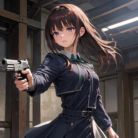 masterpiece,best quality,extremely detailed 8K wallpaper,1girl,inoue takina,purple eyes,lycoris uniform,standing,smile,handgun,holding handgun,