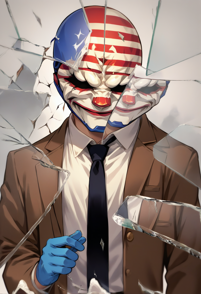 score_9, score_8_up, source_anime, 1boy, solo, DallasPD, mask, brown jacket, open jacket, black necktie, white shirt, dress shirt, blue gloves, brown pants, IncrsXLBrknGls, broken glass, reflection, upper body, <lora:epoch-000014:1>, <lora:BreakingGlassXLPDCAME:1>